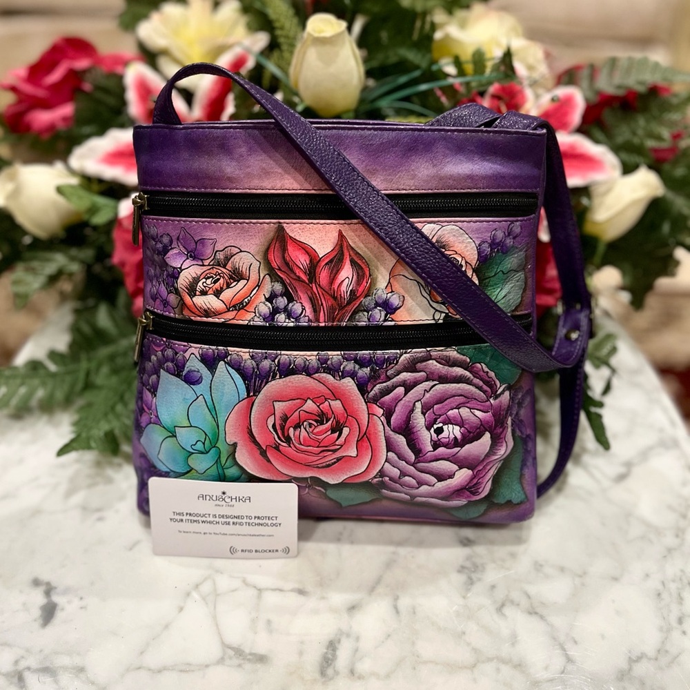 Anuschka Purple and Pink Floral Crossbody bag
